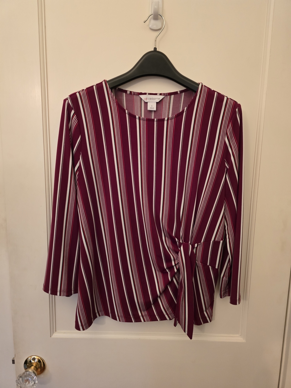 Liz Claiborne Burgundy Red and White Striped Tie-Side 3/4 Sleeve Blouse SM